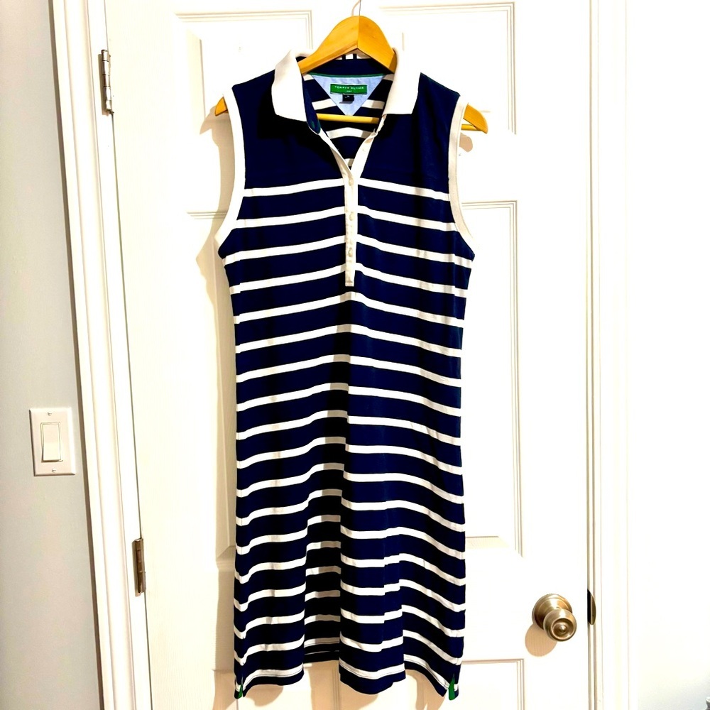 Tommy Hilfiger Blue and White Striped Sleeveless Midi Dress